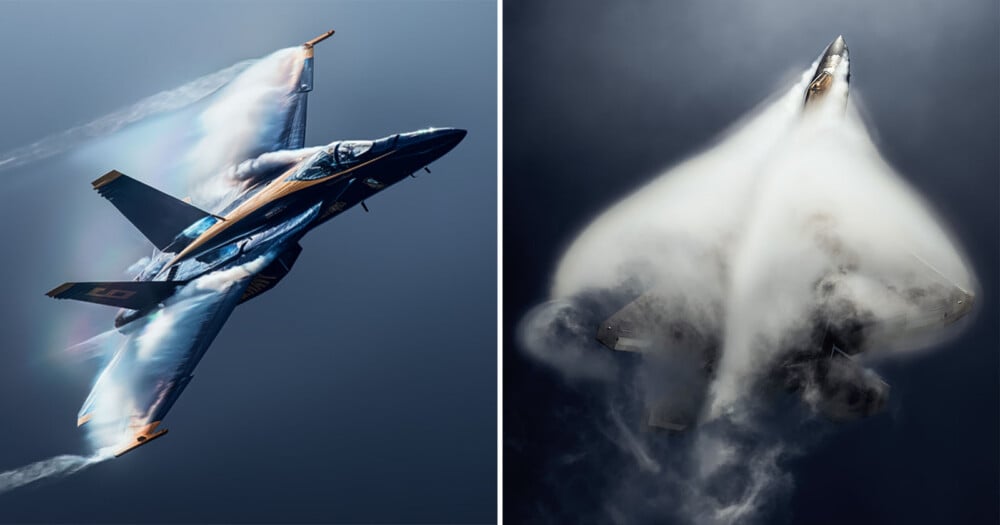 Two fighter jets in flight, each surrounded by a large vapor cloud caused by high-speed maneuvers.