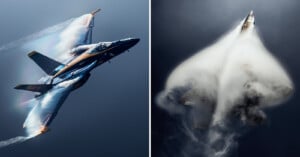 Two fighter jets in flight, each surrounded by a large vapor cloud caused by high-speed maneuvers.