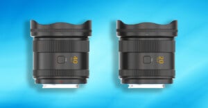 Two black camera lenses with built-in hoods are displayed side-by-side against a blue gradient background, with the left lens labeled "40 F2.2" and the right lens labeled "20 F2.4".