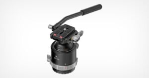 A black BH-60 ball head for a tripod with an attached panning handle, a quick-release plate, and a graduated base dial.