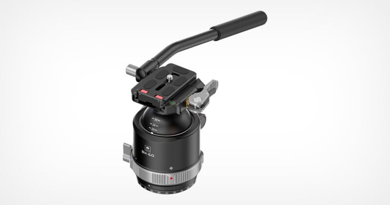A black BH-60 ball head for a tripod with an attached panning handle, a quick-release plate, and a graduated base dial.