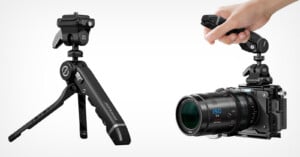 A Sirui tripod and ball head are shown on the left, while on the right, a hand holds a camera rig equipped with the same ball head and a Sirui lens.