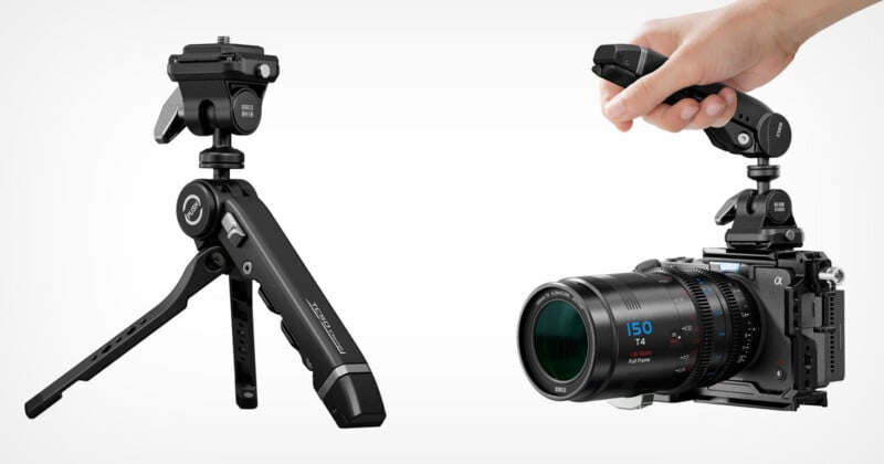 A Sirui tripod and ball head are shown on the left, while on the right, a hand holds a camera rig equipped with the same ball head and a Sirui lens.