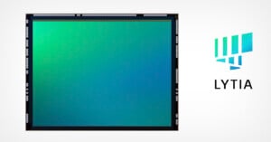 A rectangular image sensor with a green-to-blue gradient surface sits next to the LYTIA logo on a white background.