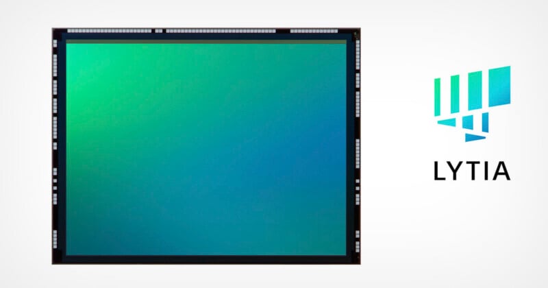 A rectangular image sensor with a green-to-blue gradient surface sits next to the LYTIA logo on a white background.