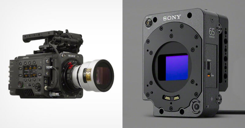 A side-by-side view of a Sony CineAlta cinema camera with a lens attached on the left and a Sony 65 sensor unit on the right.