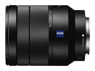 A black Sony E-mount camera lens with a Zeiss logo, featuring focal length markings of 35, 50, and 70.