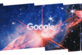 The word "Google" is centered over a vibrant, deep-space nebula featuring bright stars with prominent diffraction spikes.