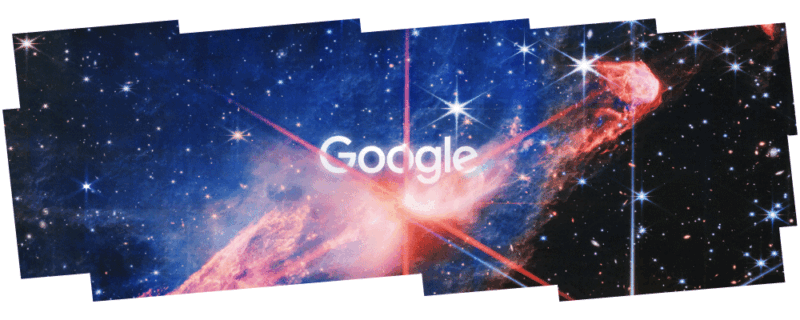 The word "Google" is centered over a vibrant, deep-space nebula featuring bright stars with prominent diffraction spikes.