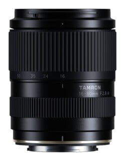A black Tamron 16-50mm F2.8 A camera lens shown from a front-facing perspective against a white background.