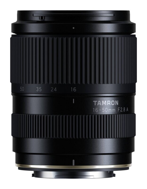 A black Tamron 16-50mm F2.8 A camera lens shown from a front-facing perspective against a white background.