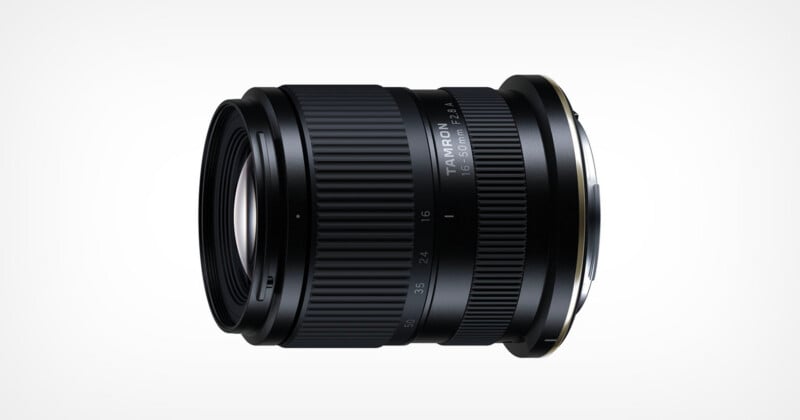A black Tamron 16-50mm F2.8 camera lens shown from the side against a white background.