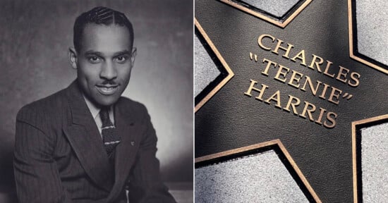 A split-screen image showing a black-and-white portrait of Charles "Teenie" Harris on the left and a close-up of his name engraved on a star-shaped plaque on the right.