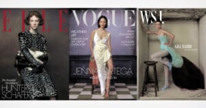 Three magazine covers featuring Hunter Schafer on Elle, Jenna Ortega on Vogue, and Gigi Hadid on WSJ.