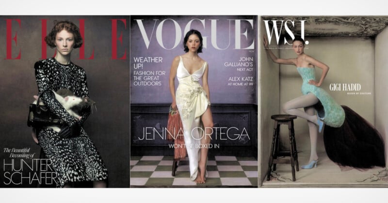 Three magazine covers featuring Hunter Schafer on Elle, Jenna Ortega on Vogue, and Gigi Hadid on WSJ.
