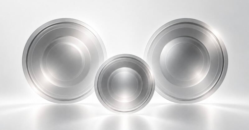 Three metallic, circular, bowl-like objects are arranged in a row against a bright, white background.