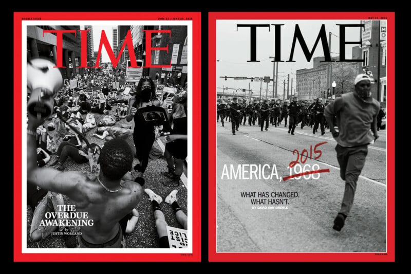Two side-by-side Time magazine covers featuring black-and-white protest scenes, with the left dated June 2020 and the right May 2015.