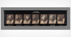 A framed horizontal series of seven photographs depicting a man wearing a crown of thorns, with text below each image corresponding to the Seven Last Words of Christ.