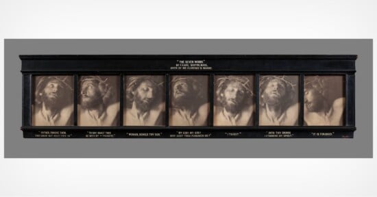 A framed horizontal series of seven photographs depicting a man wearing a crown of thorns, with text below each image corresponding to the Seven Last Words of Christ.