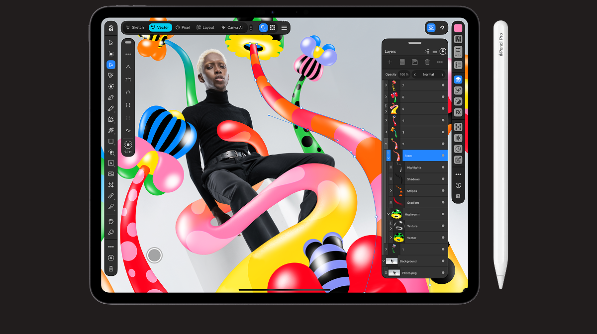 An iPad Pro with an Apple Pencil Pro displays a vector illustration app interface featuring a person surrounded by colorful, abstract 3D-style shapes and a layer management panel.