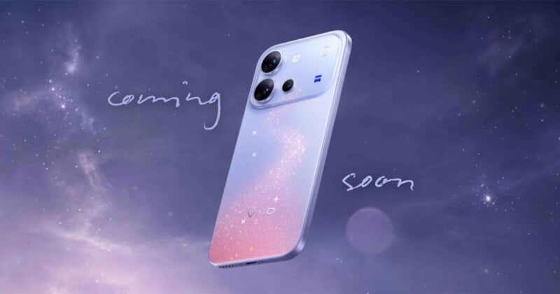 A smartphone with a light purple, glittery back panel floats against a starry, nebula-filled sky, with the handwritten text "coming soon" flanking it.