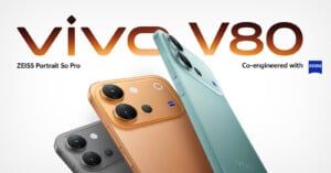 Three smartphones in grey, gold, and light green are displayed against a white background with the text "vivo V80", "ZEISS Portrait So Pro", and "Co-engineered with ZEISS".