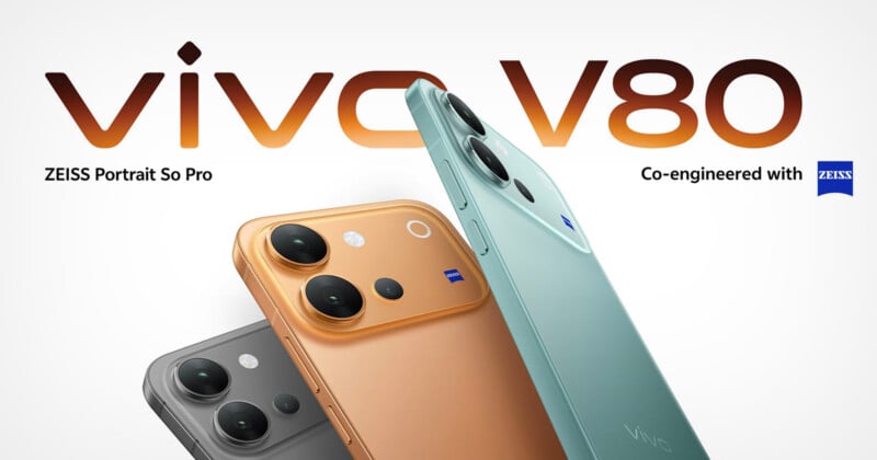 Three smartphones in grey, gold, and light green are displayed against a white background with the text "vivo V80", "ZEISS Portrait So Pro", and "Co-engineered with ZEISS".
