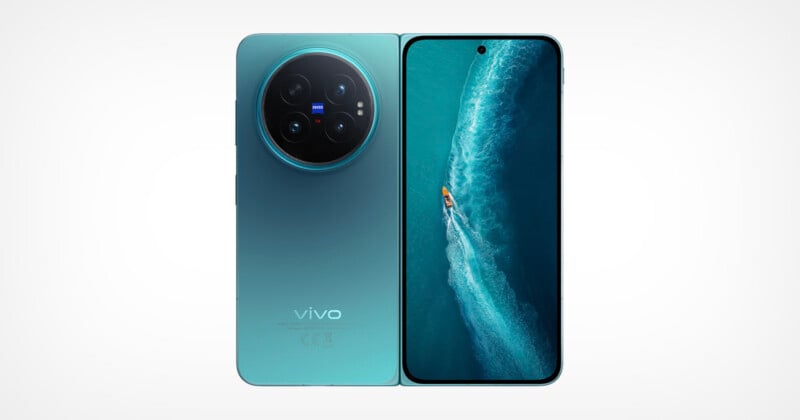A teal-colored foldable smartphone shown from the back and front, featuring a large circular camera module with Zeiss branding and a screen displaying an aerial view of a boat on blue water.