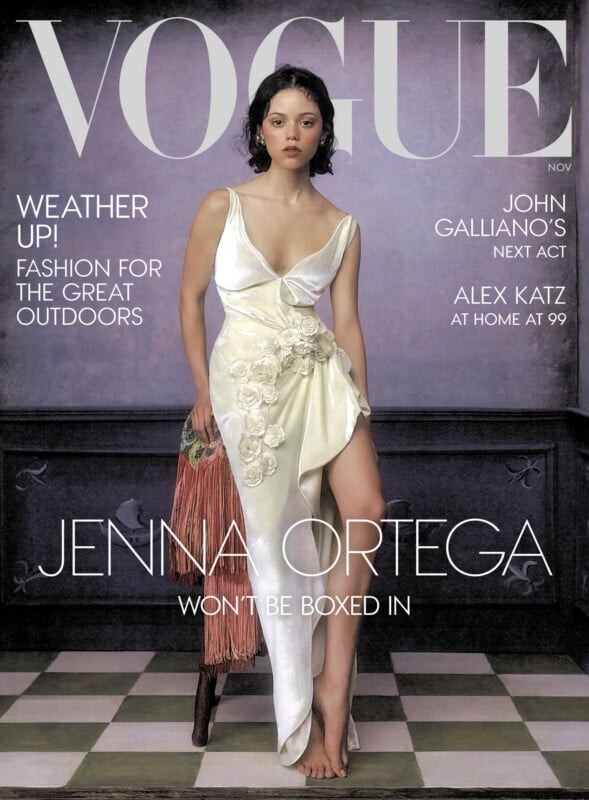Jenna Ortega poses on the cover of Vogue magazine, wearing a white velvet dress with floral embellishments against a purple wall.