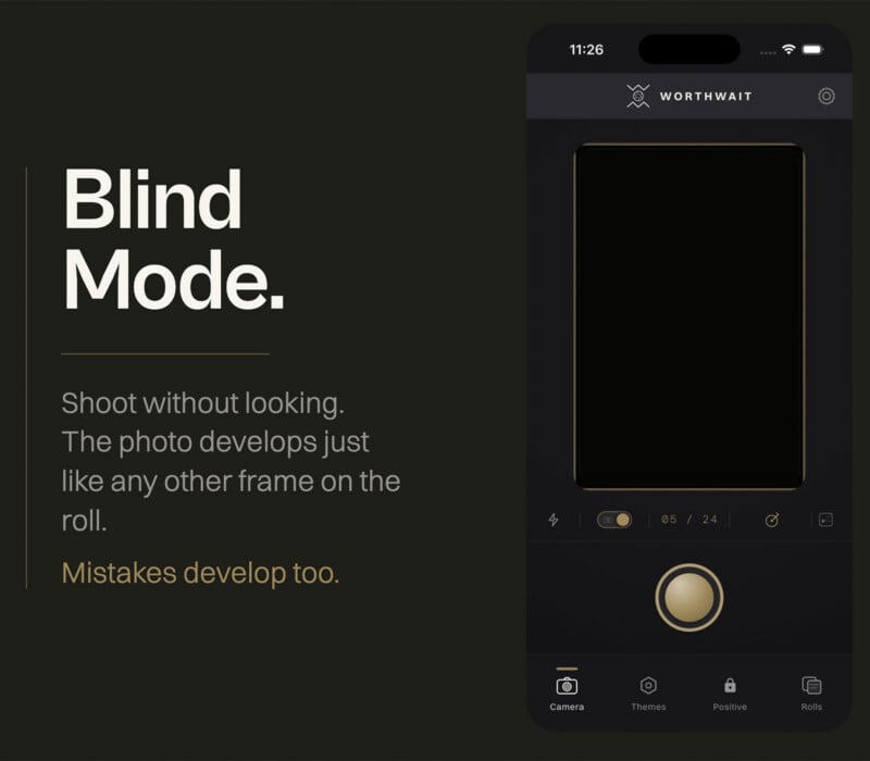 A promotional graphic for the Worthwait app features the text "Blind Mode" and a description of its functionality next to a smartphone interface showing a blacked-out viewfinder.