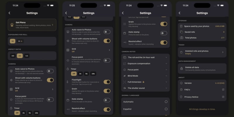 Four screenshots of a mobile app settings menu displaying options for camera controls, storage, and data management on a dark background.