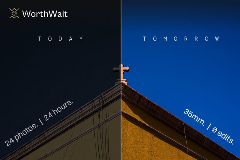A split-screen image shows a building roofline against a dark sky labeled "TODAY" and a bright blue sky labeled "TOMORROW".