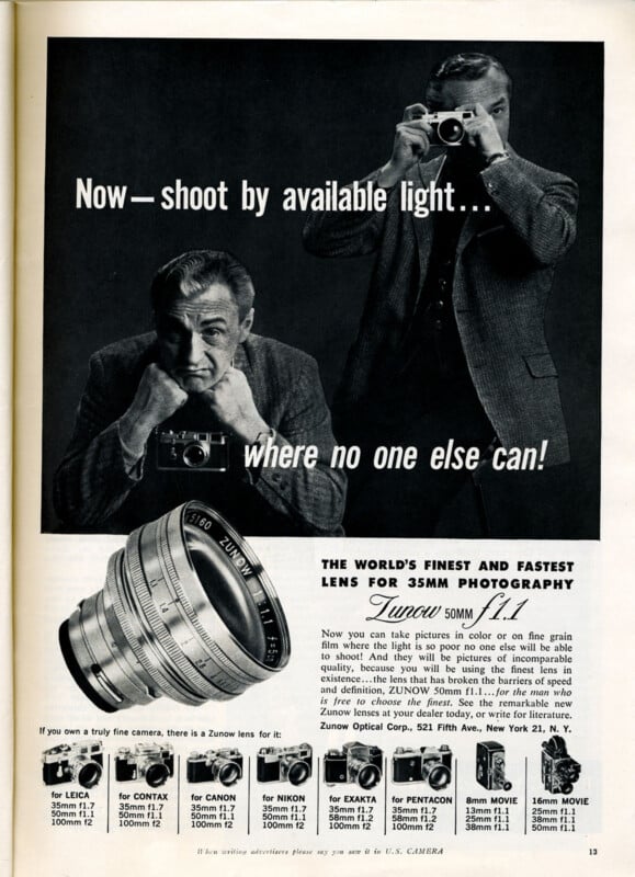 A vintage advertisement for Zunow camera lenses featuring two men with cameras, a large lens graphic, and a list of compatible camera brands.