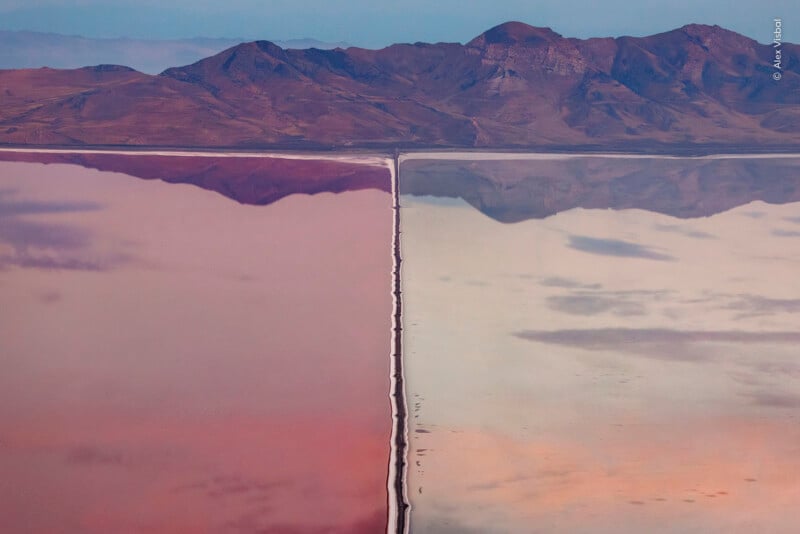 A causeway divides a body of water into two distinct sections, one vibrant pink and the other pale, reflecting the mountains and sky.